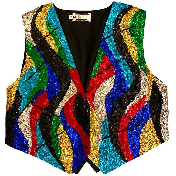 JC Sequin Jackets & Blazers - VINTAGE JC SEQUIN RAINBOW VEST  SZ XL